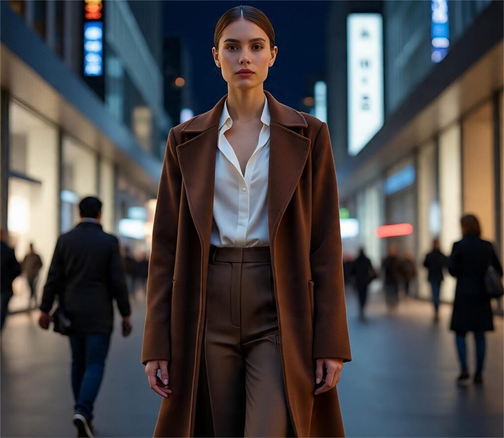 opened coat buttons to look taller